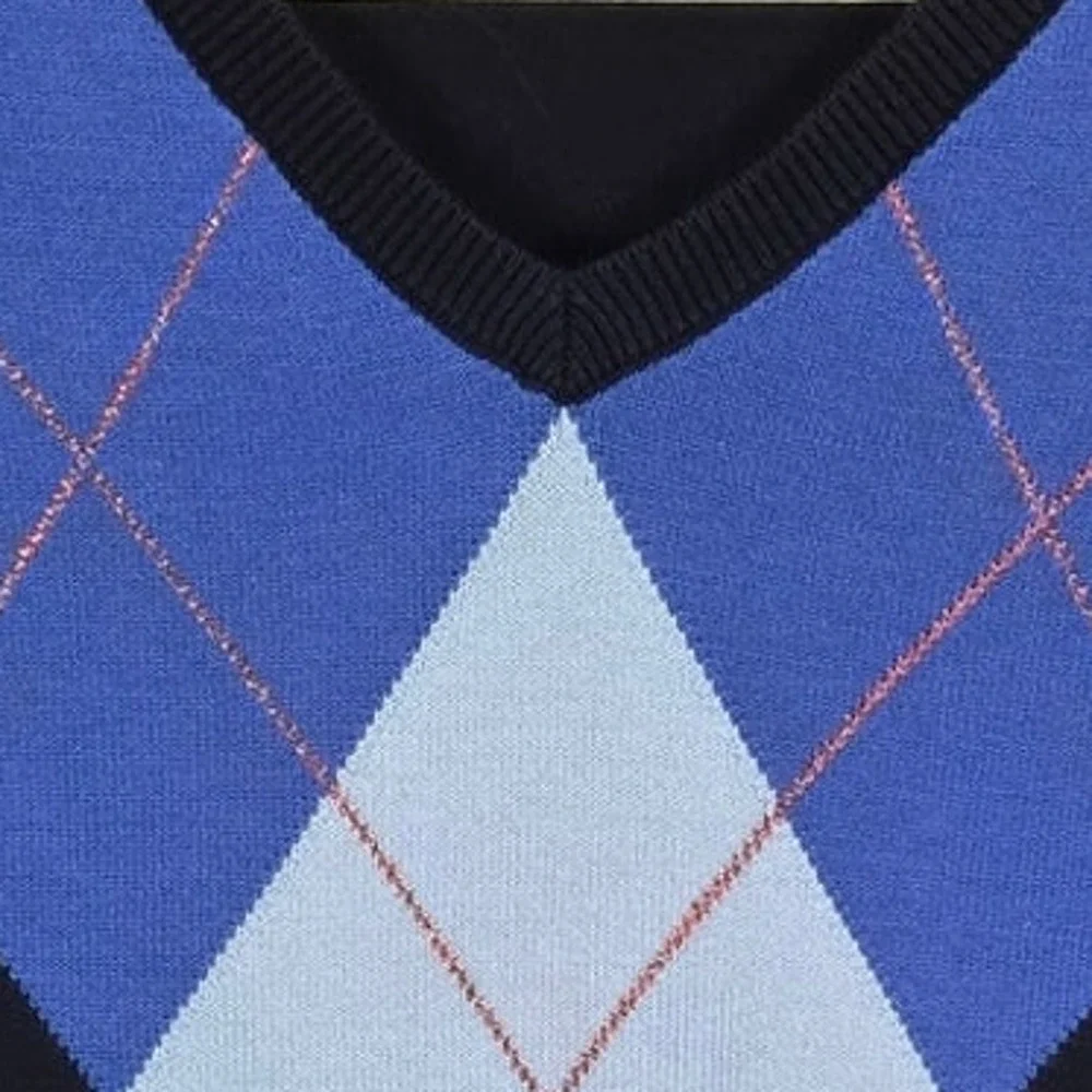 Talbots Blue Argyle Long Sleeve V-Neck Sweater S Red Metallic Thred Prep Casual